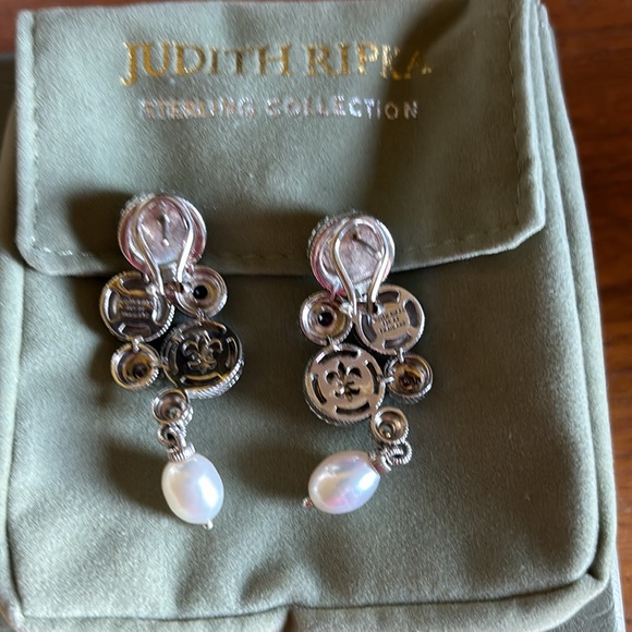 Judith Ripka marked silver genuine pearl, cz & gemstone pierced drop earrings - Picture 3 of 8